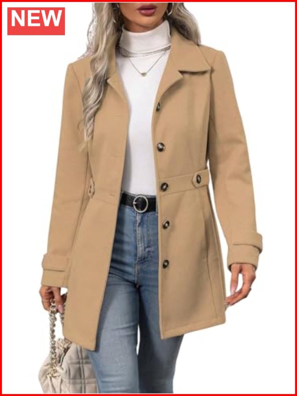 Women's Notched Lapel Wool Blend Pea Coat Winter Long Sleeve Button Front Slim